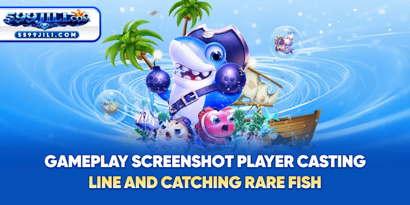 Gameplay screenshot – Player casting line and catching rare fish.